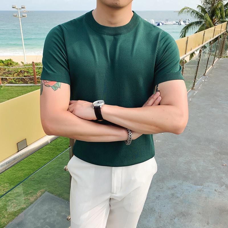 

Men's T-Shirts Summer 2022 Luxury Round Collar Short Sleeve Knitted Casual Male Fashion Solid Slim Fit Man B1, Black