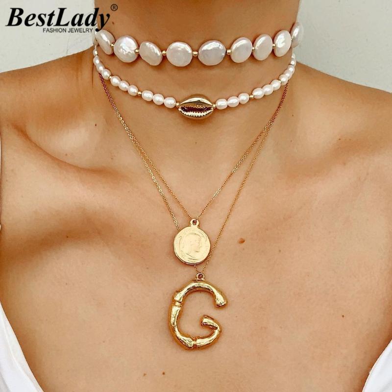 

Pendant Necklaces Lady Fashion Layer Shell Letter For Women Trendy Beads Gold Color Link Chain Party Jewelry