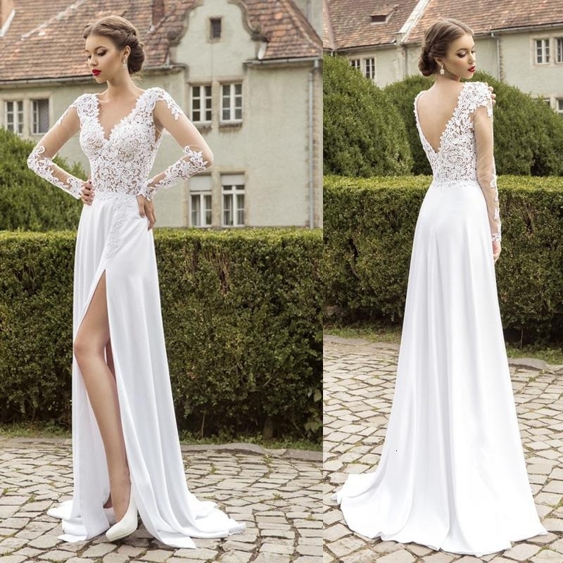 

2021 Vestidos Noiva New Arrival Lace Long Sleeves V-neck Chiffon Beach Wedding with Split Bridal Gowns Robe De Mariage W37p, White