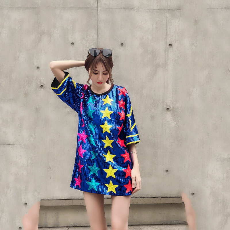 

t shirt pearl piece shining five pointed star short sleeve women's loose medium length 2021 summer fashion brand top, White