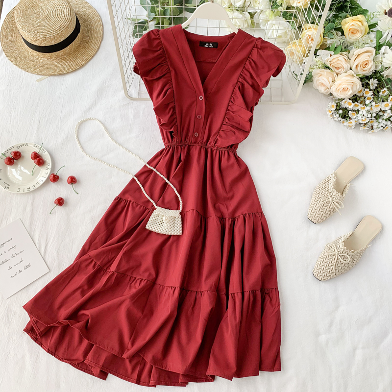 

Summer Women Dress V-neck Ruffles Sleeveless Dresses Casual Beach Long Dress Elegant Party Vestidos P774 size xl, Red