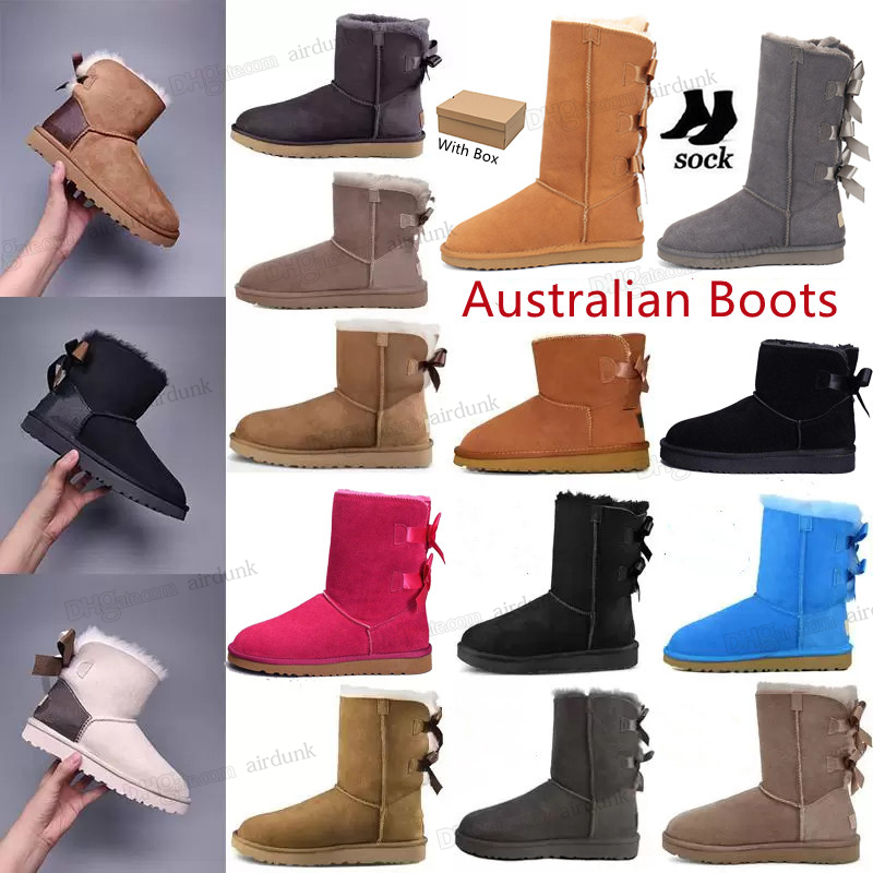 

2022 women winter designer australia australian boots girl classic snow boot ankle short bow mini fur black chestnut pink Bowtie Bailey booties fur leather shoes, Shoes box