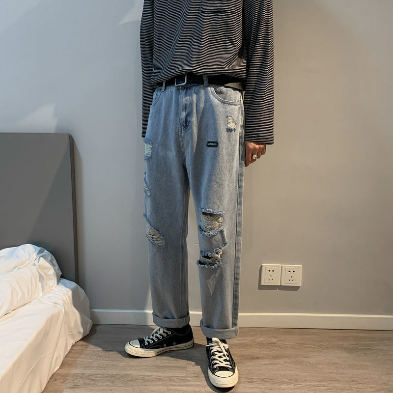 

2021 New Summer Men' Nostalgia Loose Casual Pants Holes Baggy Homme Classic Jeans Blue Color Male Leisure Biker Denim Trousers 2dmu, Beige