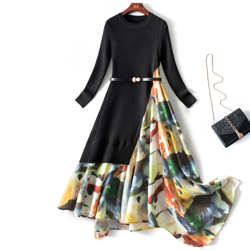 

2021 Autumn Winter Long Sleeve Round Neck Black Contrast Color Print Knitted Panelled Belted Asymmetry Dress Elegant Casual Dresses 21N0183398, Black;gray