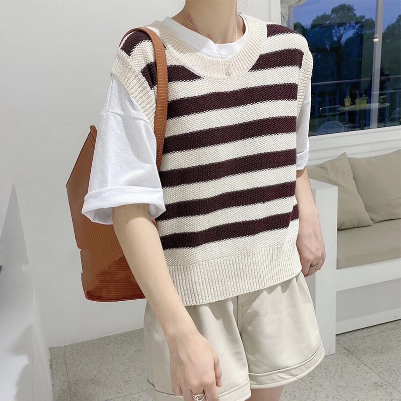 

2021 Loose Striped Cropped Sweaters Vest Women Multi Wear Street Fashion Office Lady Tank Tops O-neck Casual Autumn New Korean 47sq, Khaki