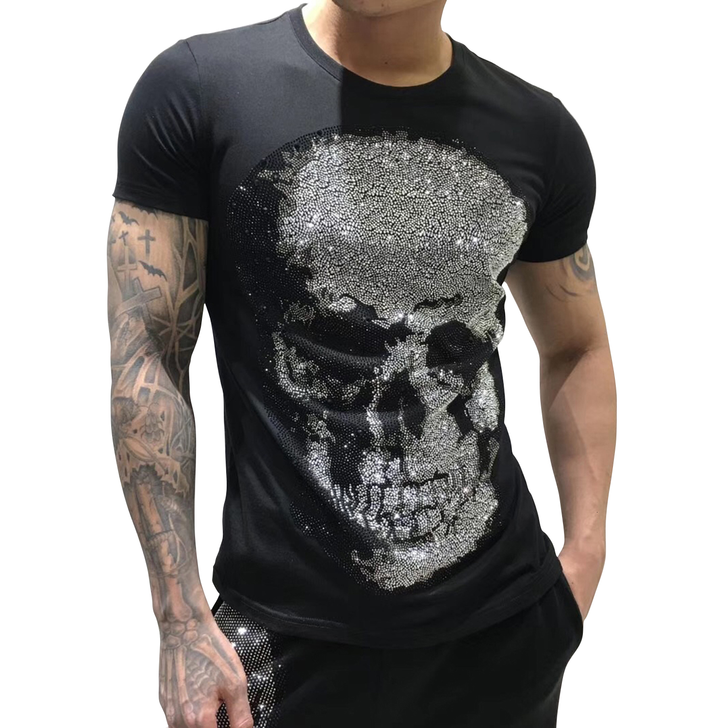 

2021 New Neck Ss Crystal Skull Men's 100% Cotton Round Neckline Short-sleeved T-shirt Black Camiseta Masculina Pp|419202569 Kf1w