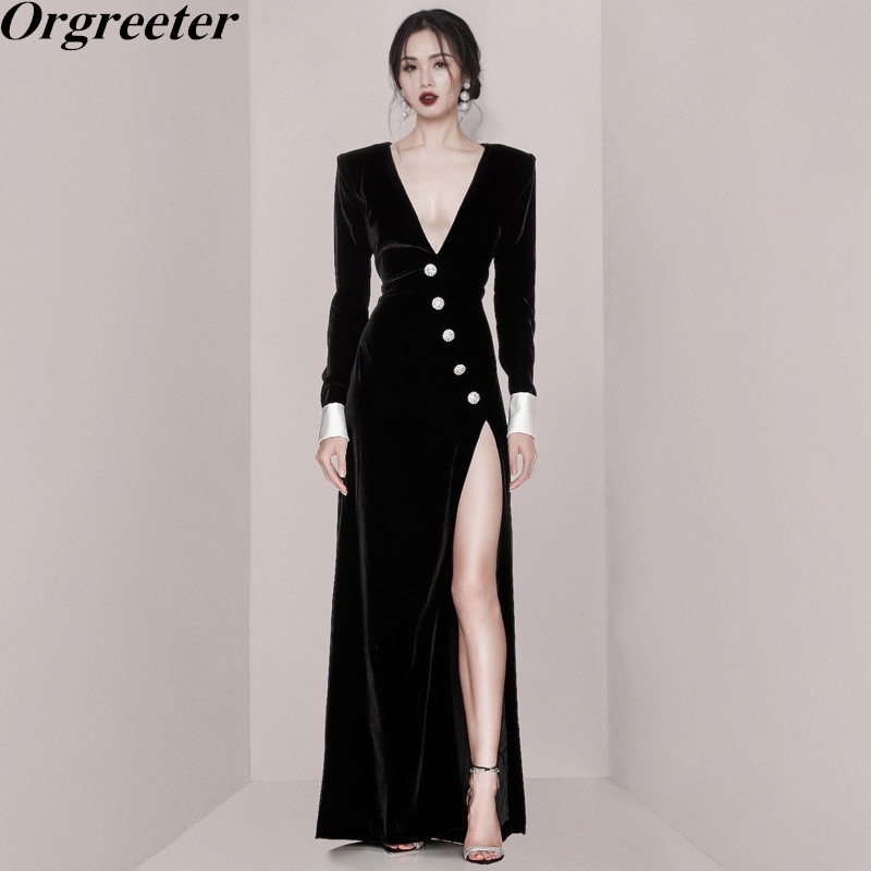 

Retro Contrast color buttons Long-sleeved Slim Bodycon Long Maxi Velvet Dress Women Sexy V-neck High Slit Party 210525, Black