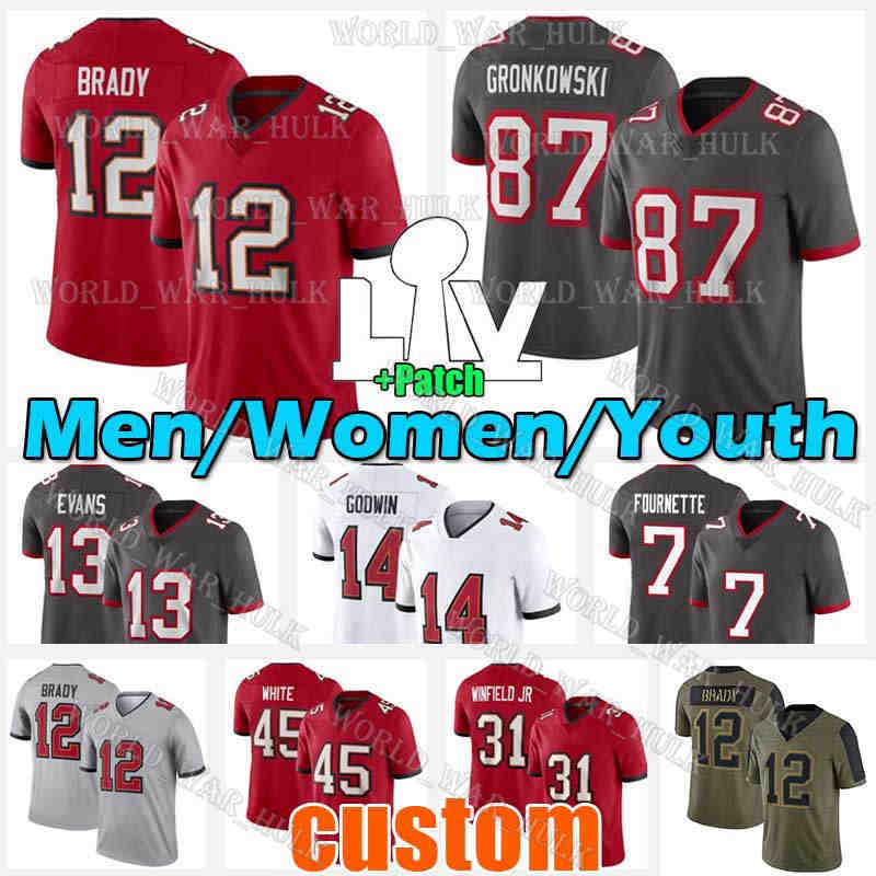 

12 Tom Brady Football Jersey Richard Sherman Rob Gronkowski Lavonte David Mike Alstott Antoine Winfield Jr Leonard Fournette Ryan Jensen, Women custom jersey(h d)+patch