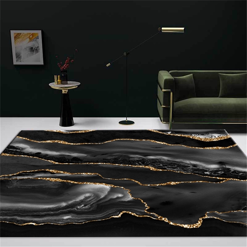 

Luxury Black Gray Marble Carpet With Gold Line For Living Room Modern Home Decoration Coffee Table Rug Bedroom Bedside Mat Large 211012, As picture