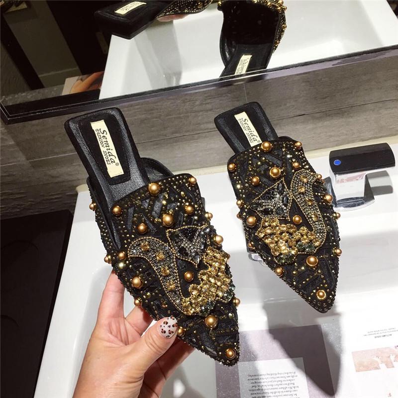 

Slippers For Women Pointed Toe Summer Flats Slip-on Mules Backless Loafers Luxury Design Shoes Low Heel Rhinestone Bling Pumps, Khaki
