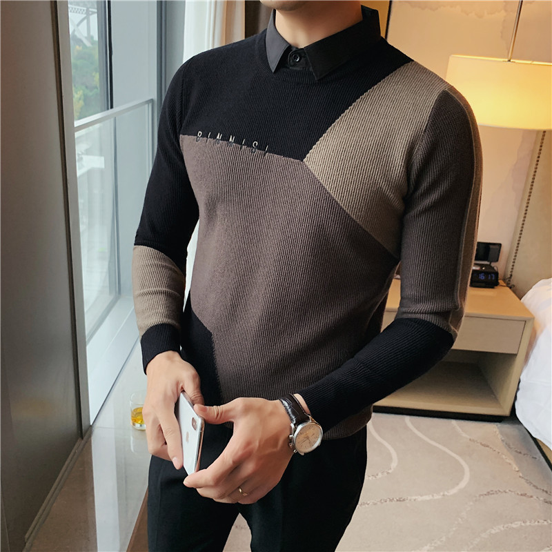 

New Mais Tamanho 4xl-m Fake-2pieces Camisola De Malha Roupas Masculinas 2021 Moda Simples Emendado Design Pullovers Negcios Puxar Homme Vend, Yellow coffee