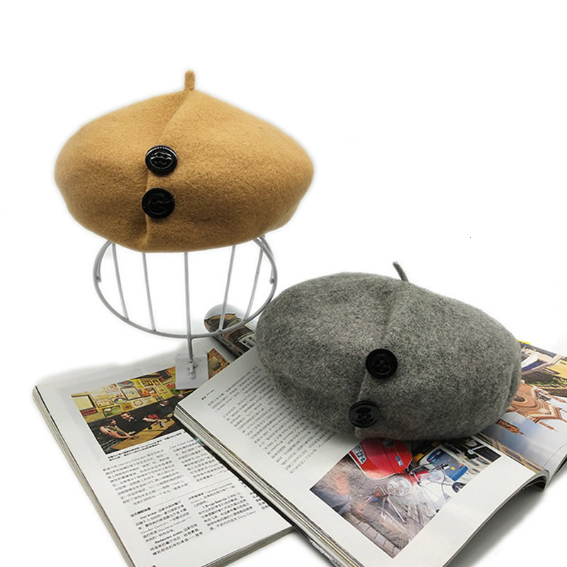 

2021 New Classical Women 100% Wool Winter Slouchy Wrinkle Button Beanie Thick Warm Lady Girl French Style Beret Hat Adjuatble V00w, White