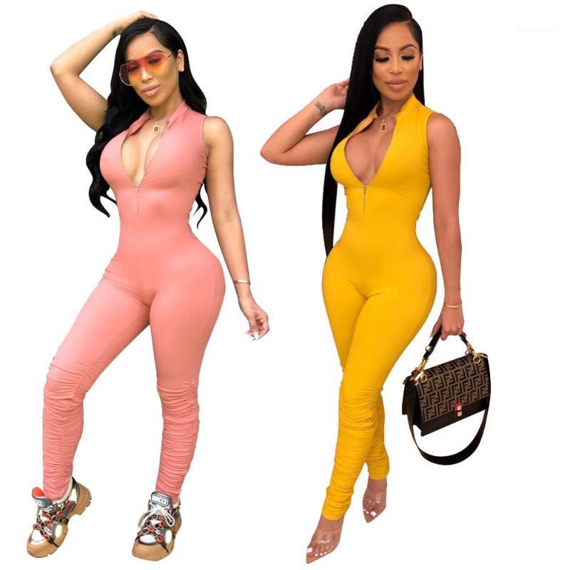 

Women' Jumpsuits & Rompers Zipper Front One Piece Lady Jumpsuit Pink Yellow Sexy Deep V Casual Romper Women Slim Sleeveless Summer Party We