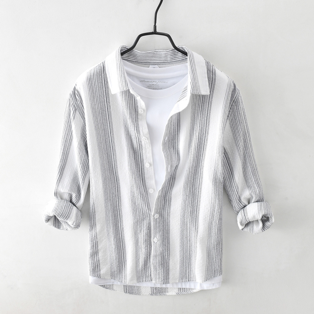

2021 New Men's Shirts Long Sleeve Pure Cotton Striped Casual Tops Turn-down Collar Clothing L4aw, Blue.