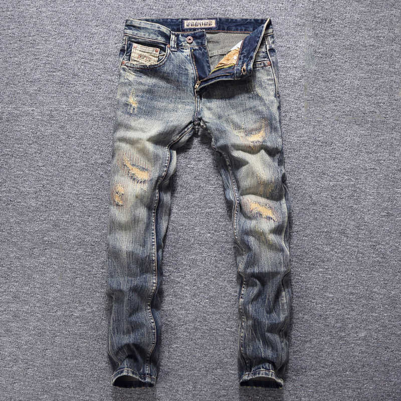 

Italian Style Fashion Men Jeans Retro Yellow Blue Wash Slim Fit Ripped for Vintage Patchwork Designer Denim Punk Pants