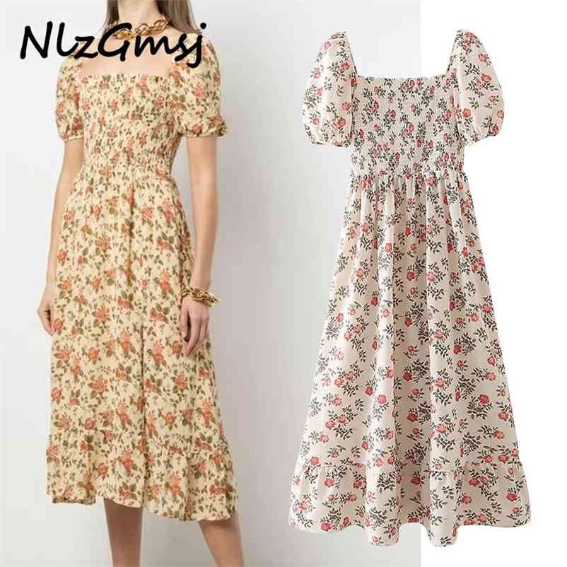 

Dres Summer Sweet Floral Print Midi Woman Casual Elastic Waist Female Party es Vestido 05 210628, As picture