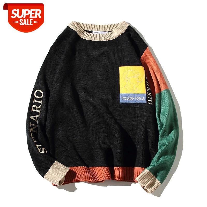 

Streetwear Mens Color Block Knitted Jumper Sweaters 2020 Smoking print Crewneck Pullover Sweater Harajuku #w867, White;black