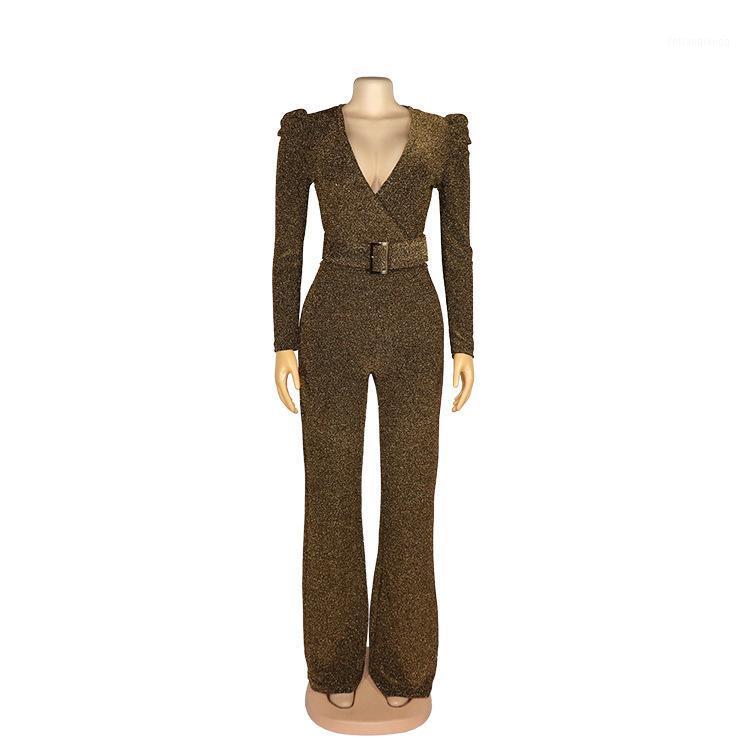 

Women's Jumpsuits & Rompers Stretch Nylon Gold Thread African Jumpsuit Sexy Fashion V-neck With Waist Belt Micro-pants Elegant Intellectual