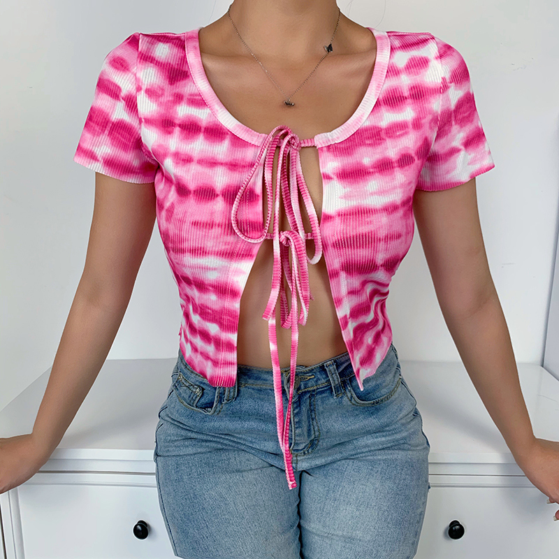 

Tie Dye Women Crop Top Lace Up Front Short Sleeve Summer T shirt slim Casual Sexy Bandage t shirt Elegant 2021 Tee Top, White