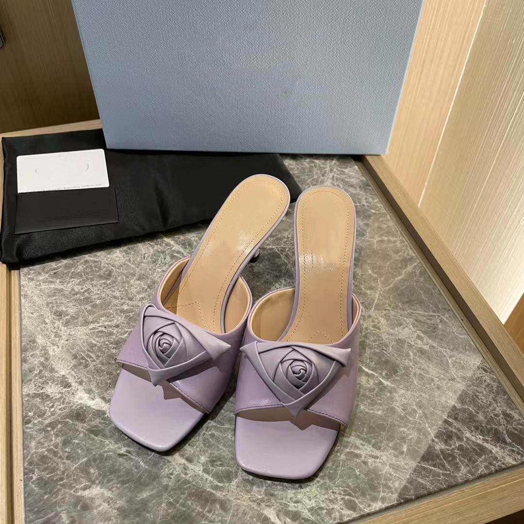 

22ss fashion sexy women's high-heeled slippers square head sandals triangular rose upper leather sole noble and generous size35-40, Box