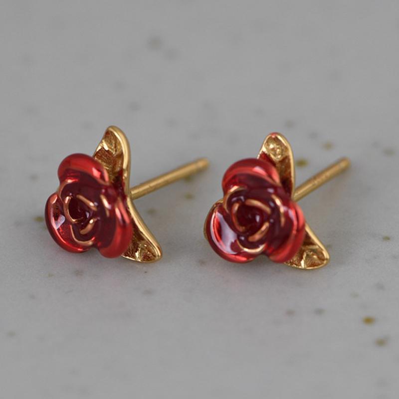 

Stud FNJ Red Rose Flower Earrings 925 Silver Original Pure S925 Sterling Earring For Women Jewelry Gold Color