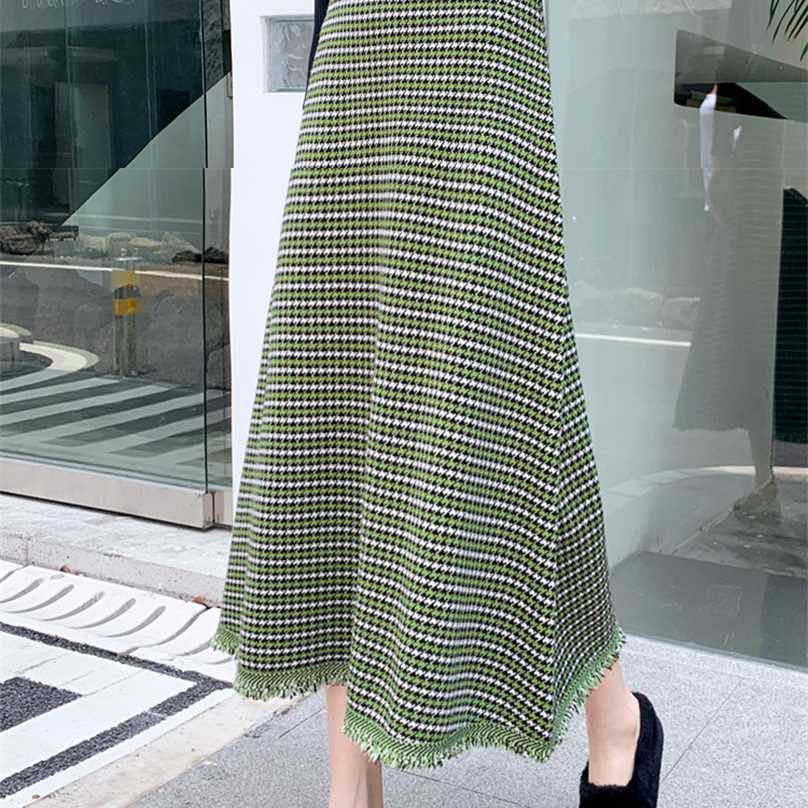 

TIGENA Knitted Plaid Midi Skirt for Women Autumn Winter Korean Houndstooth Tassel A Line High Waist Long Female 211109, Green