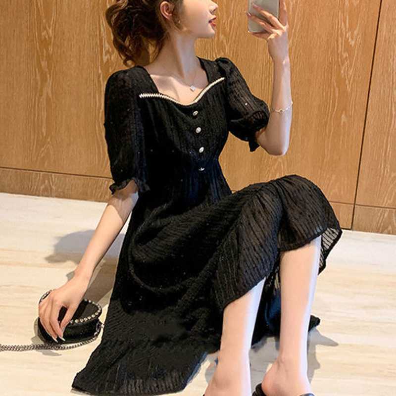 

Summer Elegant Midi Dres Office Lady Puff Sleeve Vintage Sequins Female Casual Party Korean 210604, White long dress