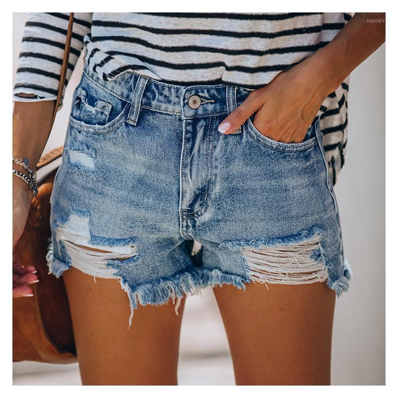 

Women' Denim Shorts Ripped Buttom Solid Color Casual Hole Tassels Sexy High Waist Jeans, Blue