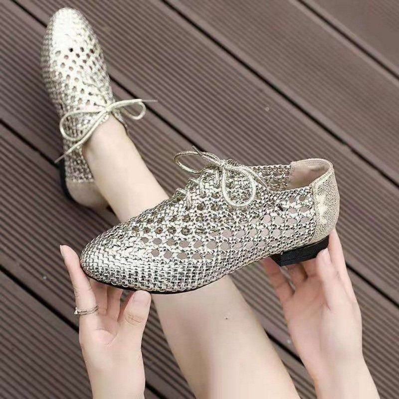 

2022 NEW Fashion Womens ShoesBlock Low HeelsWoven Hollow outClose Toe SandalsLace-upWHITESILVERFree Dropshipping, White