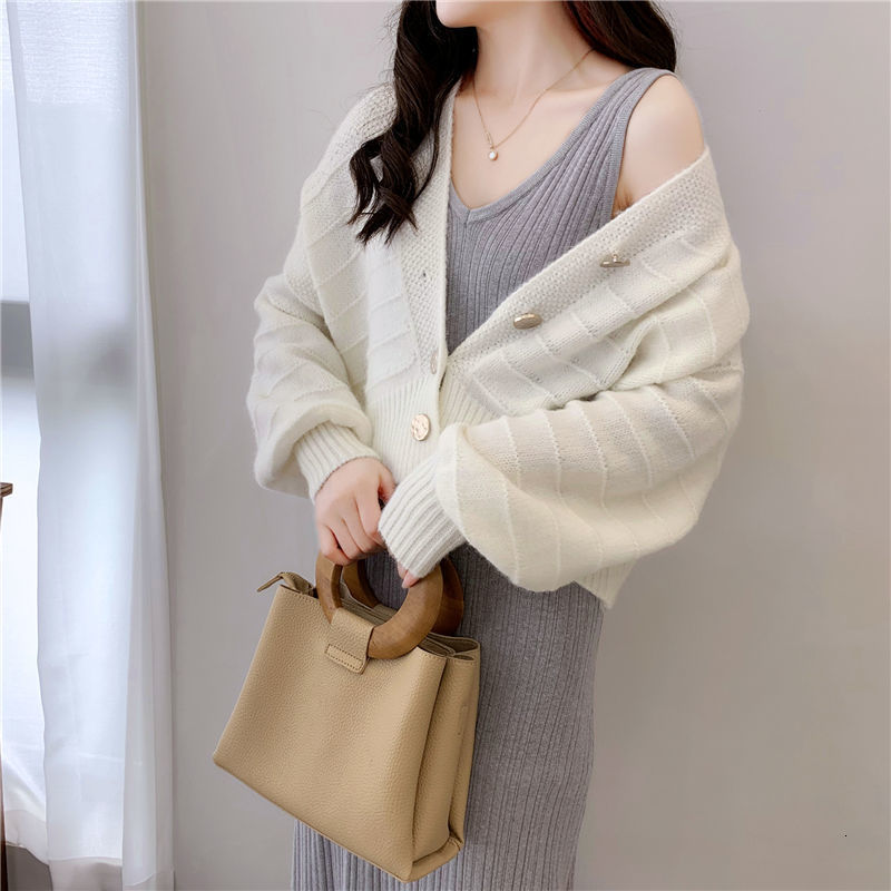 

2021 New Knitted Cardigan Women Casual Vintage V-neck Long Sleeve Chic Elegant Knit Sweater Korean Women's Clothing Autumn Rf0p, Khaki