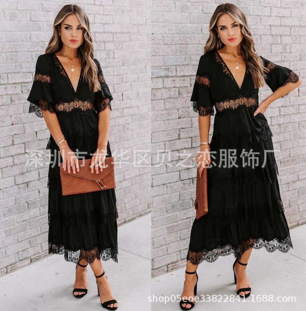 

2002 V-neck lace patchwork flared sleeve slim dress, Black;gray