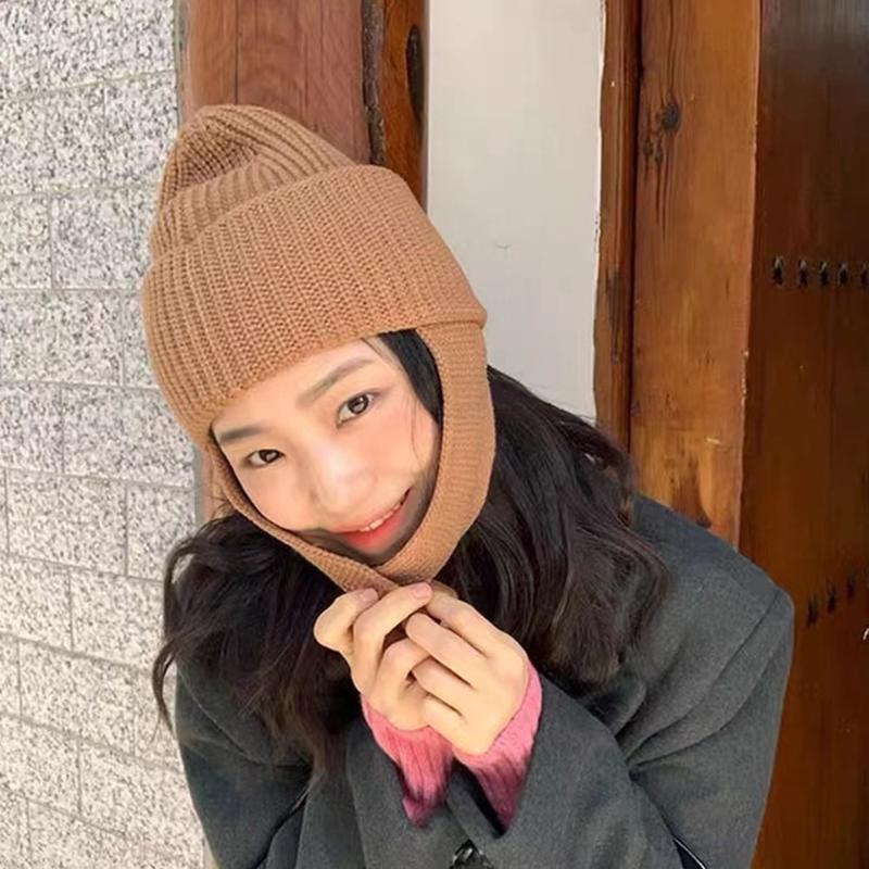 

Berets INS Knitted Warm Trapper Hat Winter Women Hats Russian Bomber Fake Fur Casual Ear Flaps Caps For Women's Bone, Black