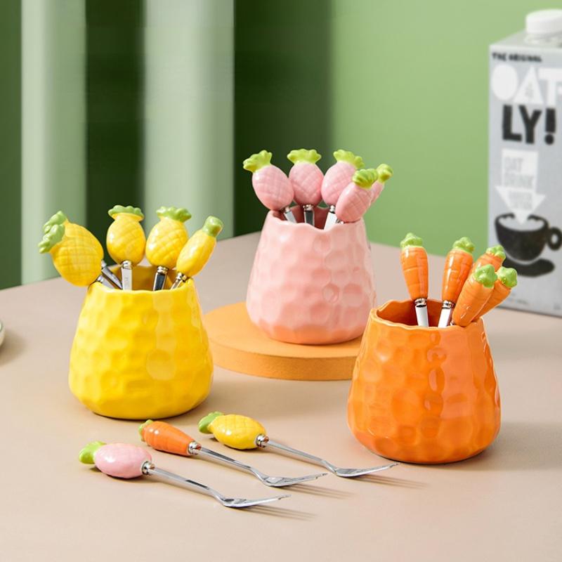 

Dinnerware Sets Fruit Fork Household Stainless Steel Storage Jar Set Kids Safe High-end Cute Strawberry Small Stick