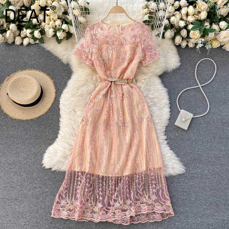 

DEAT Summer Arrivals Round Collar Short Sleeve High Waist Embroidery Slim Vintage A-line Long Dress MZ731 210709, Apricot pink