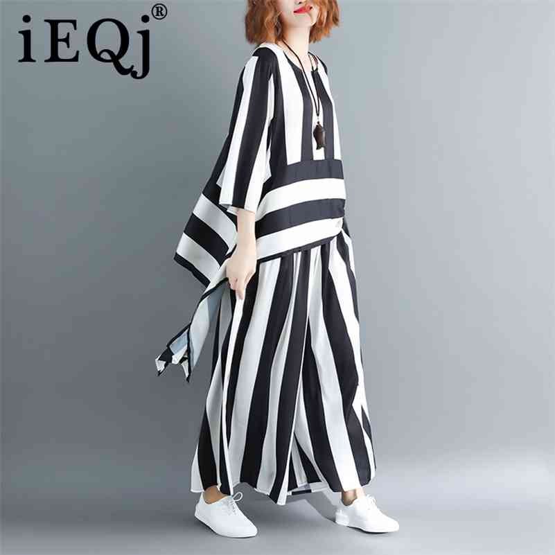 

[IEQJ] Summer Women Round Collar Irregular Loose Hem Stripe Shirt Elastic Suit Casual Waist Two Piece Set BL641 210709, As picture