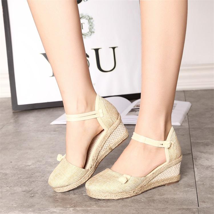 

Sandals Vintage Women Casual Linen Canvas Wedge Sandials Summer Ankle Strap 6cm Med Heel Platform Pump Espadrilles Shoes, Black