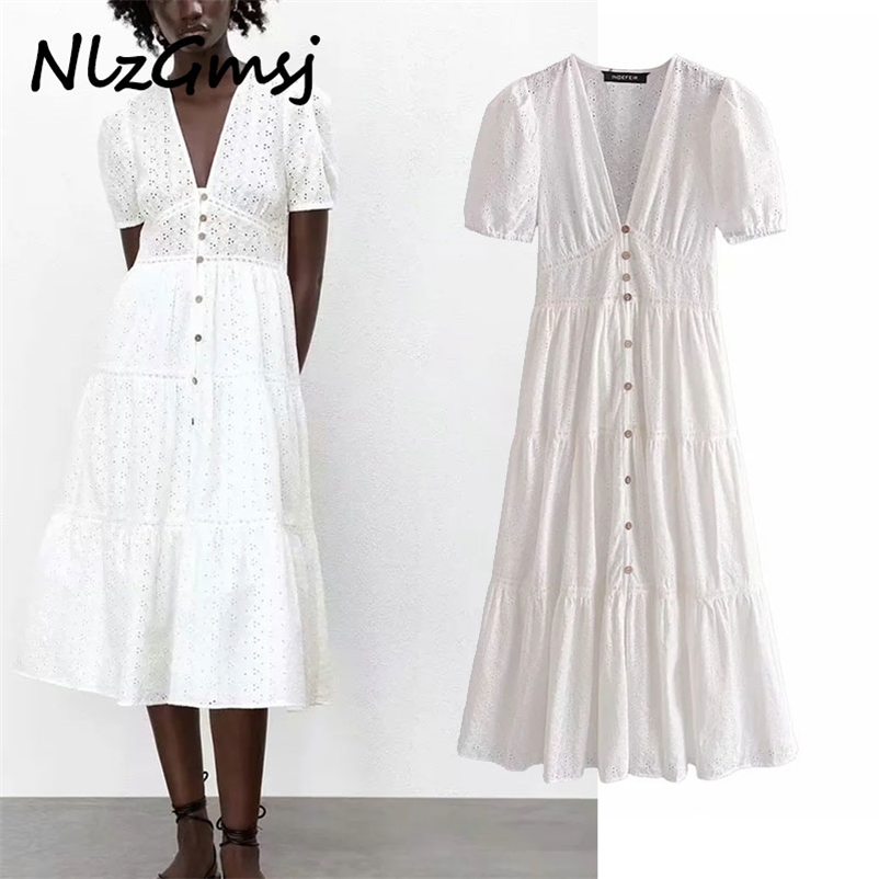 

Dres Summer White Embroidery Romantic Cotton Long V Neck Short Sleeve Ladies Sundress 05 210628, As picture