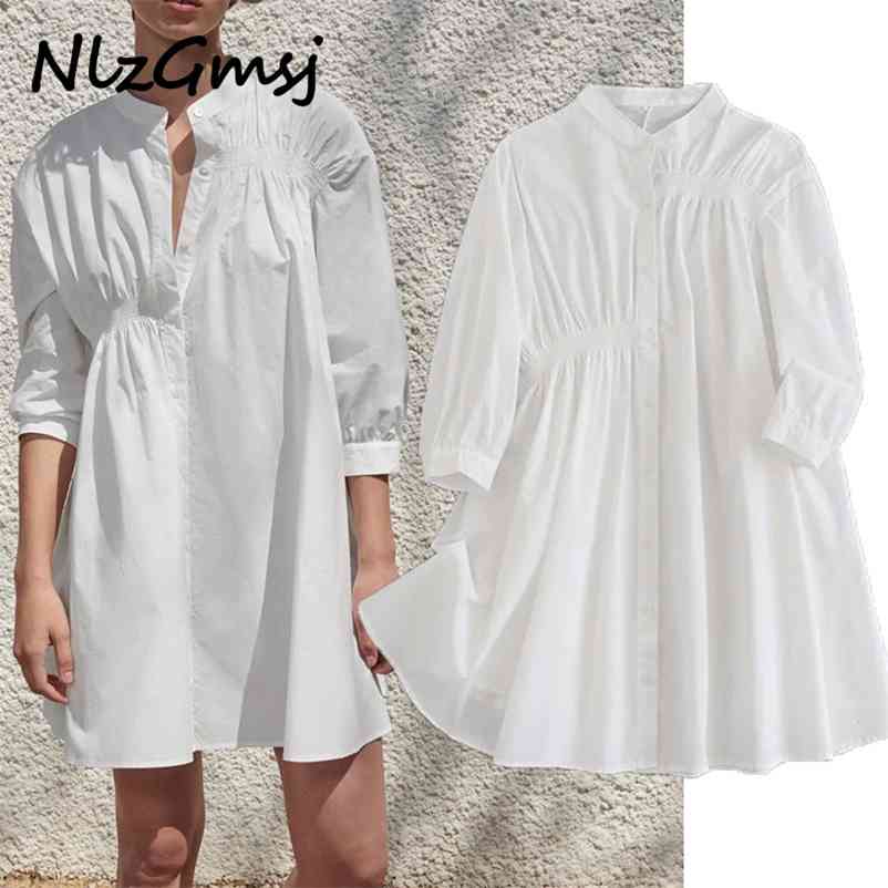 

Woman Dress Sexy Turn Down Neck Beach White Solid Mini Long Sleeve Sundress Vestidos 05 210628, As picture
