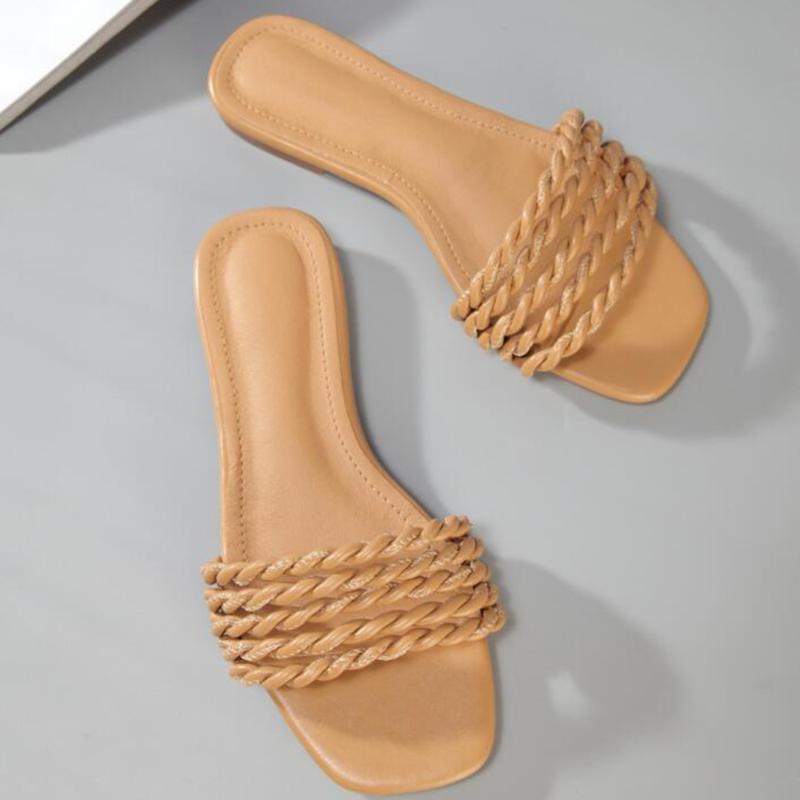 

2021 Summer Flats Slippers Square Head Women's Shoes Solid Color Weaving Women Flip Flop Large Size Zapatos De Mujer zy906, Brown