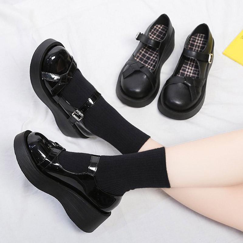 

Lolita Shoes Platform Mary Janes Shoes Buckle Wedges Girls Thick Sole Leather Women Retro Black Autumn Spring 8804C, Black yg