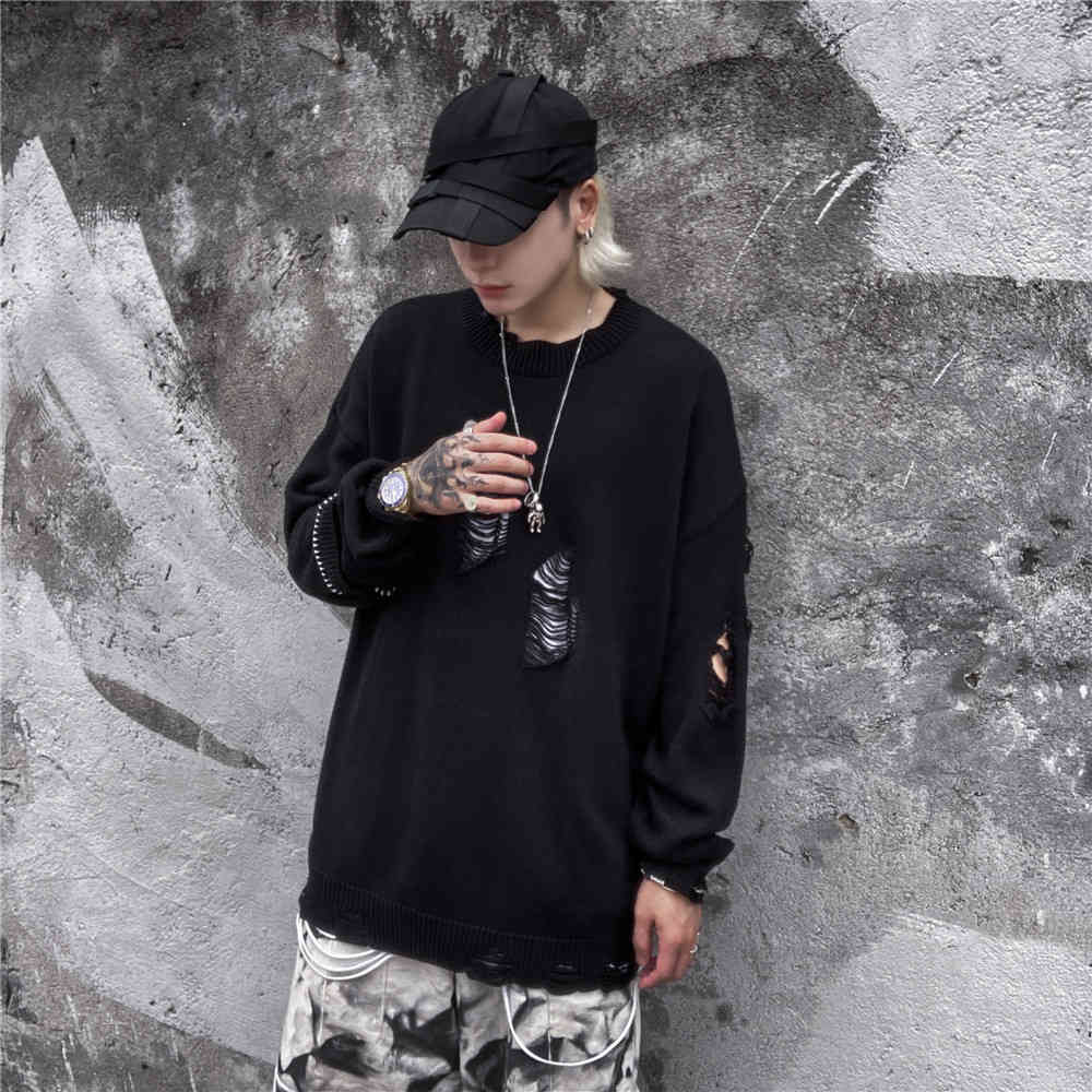 

sweater knit guochao solid color hole men's fashion street hip hop lazy loose casual t shirt, White;black