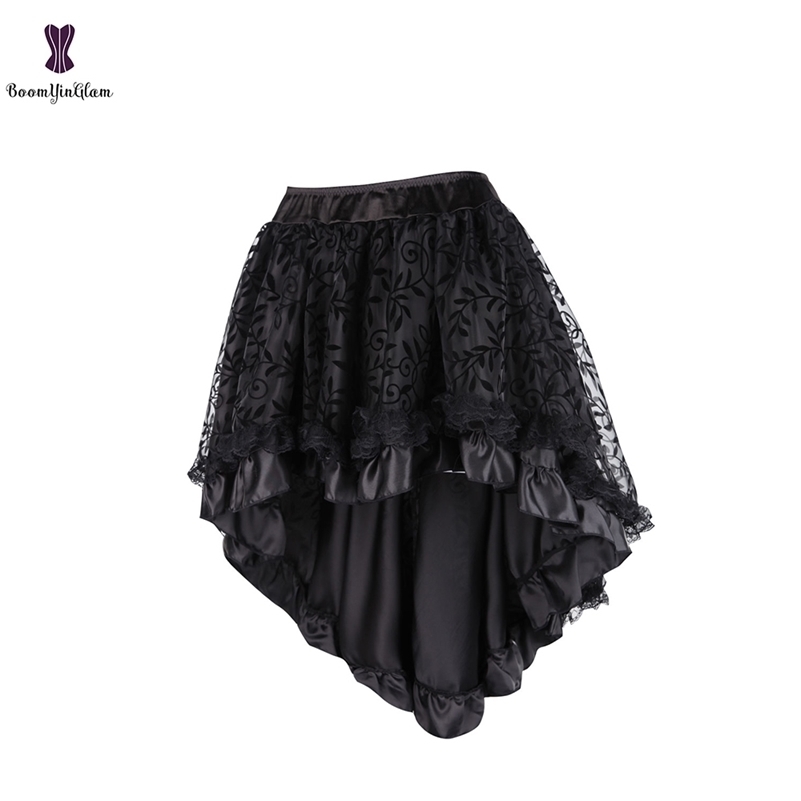 

Black Women' Victorian Asymmetrical Ruffled Satin Lace Trim Gothic Skirts Vintage Corset Steampunk Skirt Cosplay Costumes 937# 210310