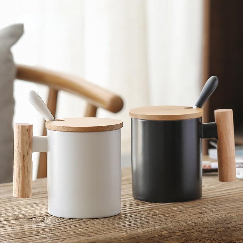 

Mugs Simple Mug Wooden Handle Bamboo Cover High Quality Ceramic Water Cup, Solid Color Nordic Style Coffee Milk Cup