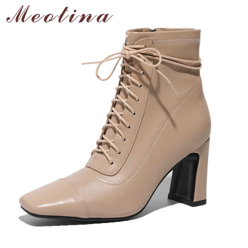 

Meotina Women Ankle Boots Shoes Real Leather High Heel Lady Boots Zip Lace Up Square Toe Chunky Heels Short Boots Autumn Winter 210608, Black synthetic lin