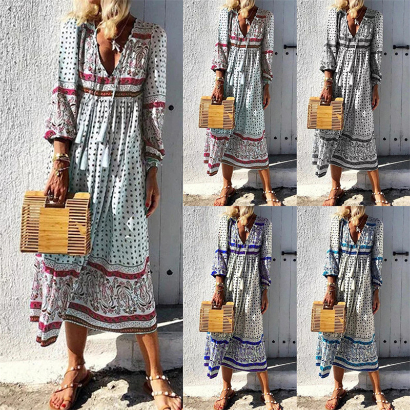 

2021 New Fashion Summer Bohemian Women Beach Sun Casual Print Tassel Deep V-neck Ladies Sleeve Party Long Vestidos Rt29, Blue