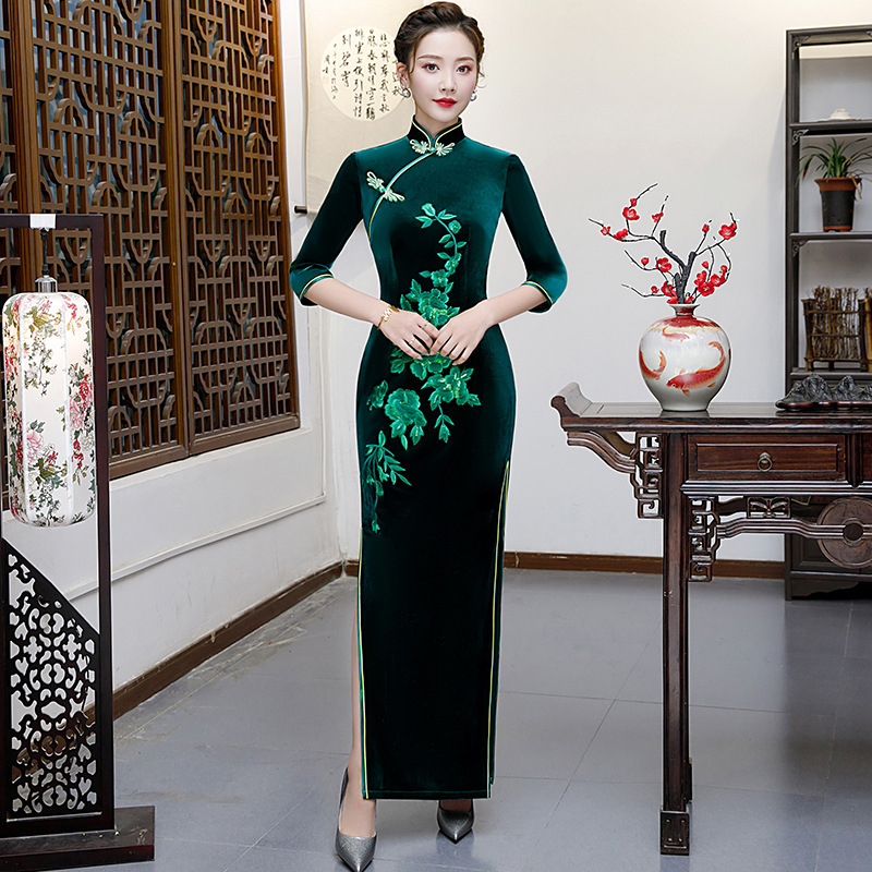 

Green Cup Women's Cheongsam Slim Context Party Spring Chinese Necklace Qipao Sexy Vestido Dress S-5xl Q64z, Green - 2