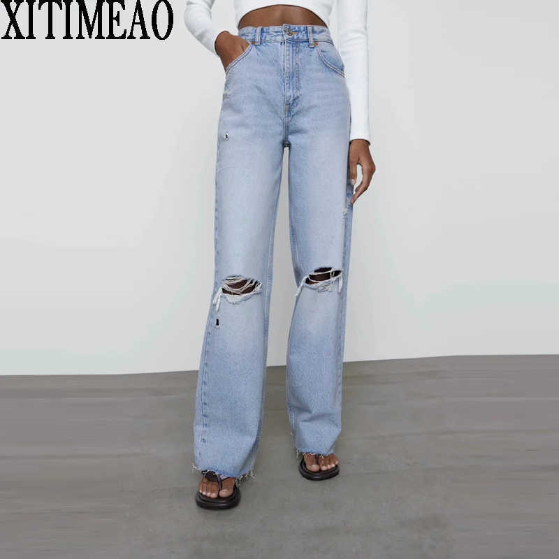 

Za High Waist Loose Comfortable Jeans For Women Fashionable Casual Straight Pants Ripped Xitimeao 210604, Light blue