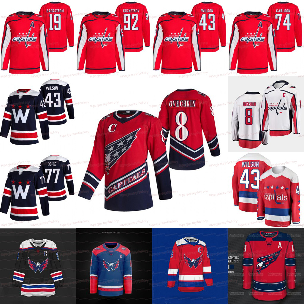 

8 Alexander Ovechkin Washington Capitals 2021-22 Jersey Tom Wilson T.J. Oshie Nicklas Backstrom John Carlson Ilya Samsonov Evgeny Kuznetsov Conor Sheary Vanecek, 2019 st all white