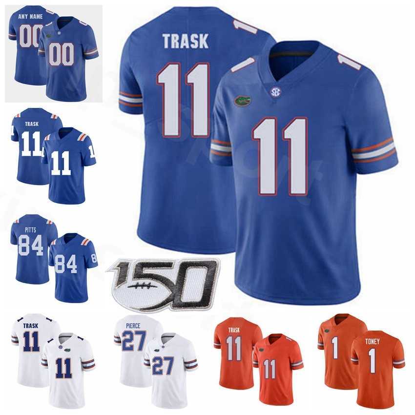 

College NCAA Florida Gators Football 27 Dameon Pierce Jersey 11 Kyle Trask 1 Kadarius Toney 84 Kyle Pitts 51 Ventrell Miller Blue Orange, With 150th patch