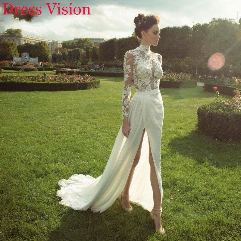

2021 Style High Oollar Lace Appliques Vestidos Novia Robe De Marie Chiffon Slit Wedding Party Gowns Ea26, Same as image